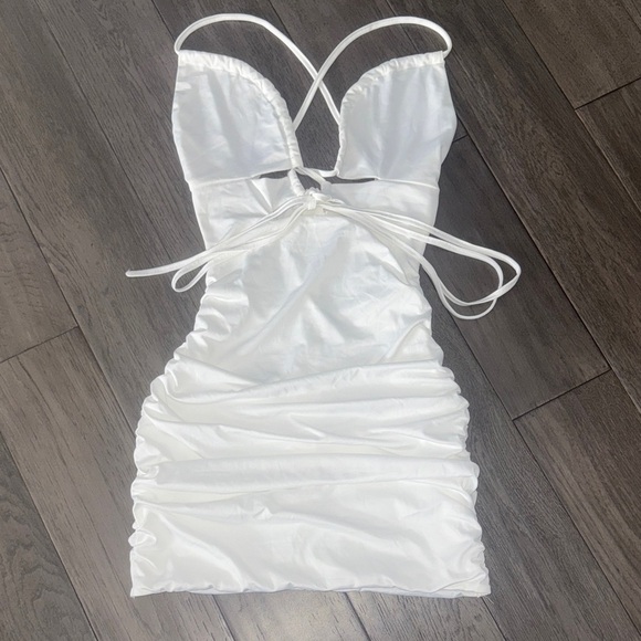 Dresses & Skirts - Sexy White stretchy fitted strappy ruched mini dress